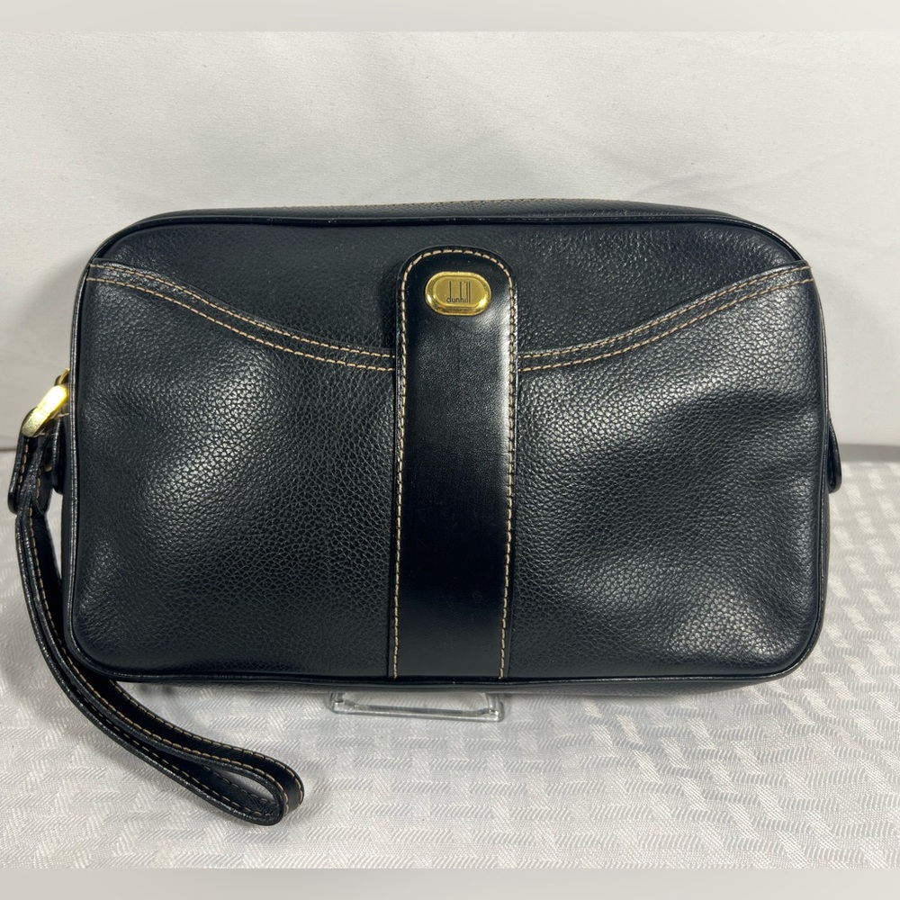 7022: Dunhill Black Pebbled Calfskin Leather Wristlet Clutch